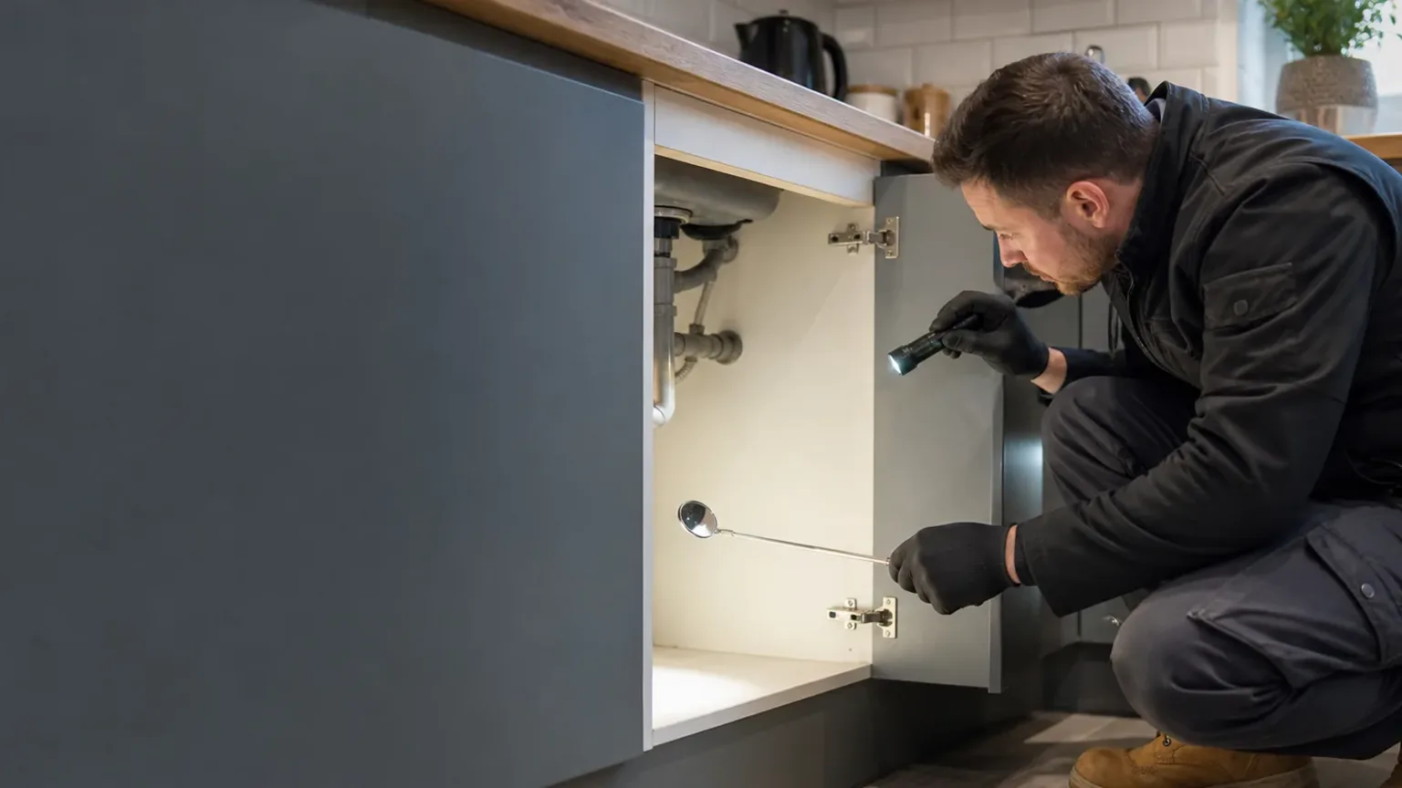 Illustrative AI-generated property-care technician inspecting a kitchen cupboard